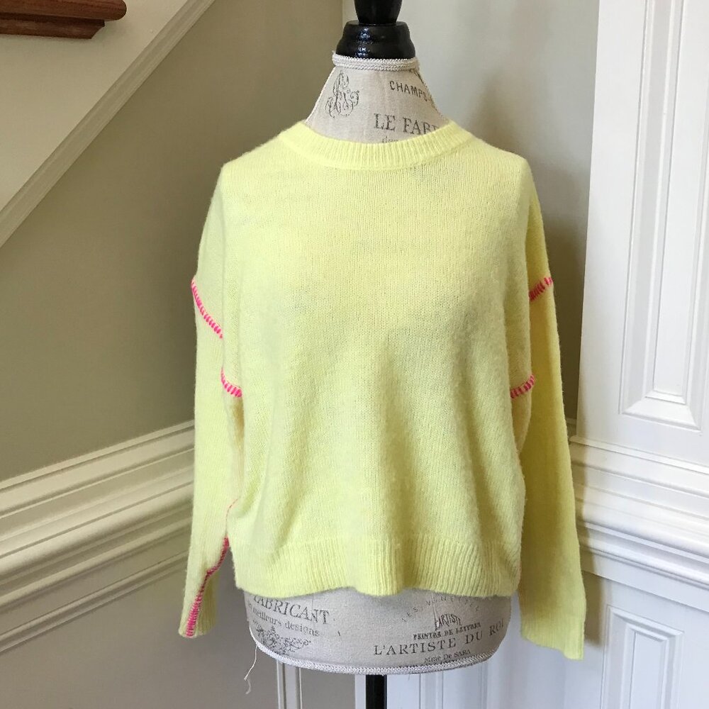 Sundry Crew Neck Pullover Sweater Womens 0 XS Yellow Pink Stitch Long Sleeve